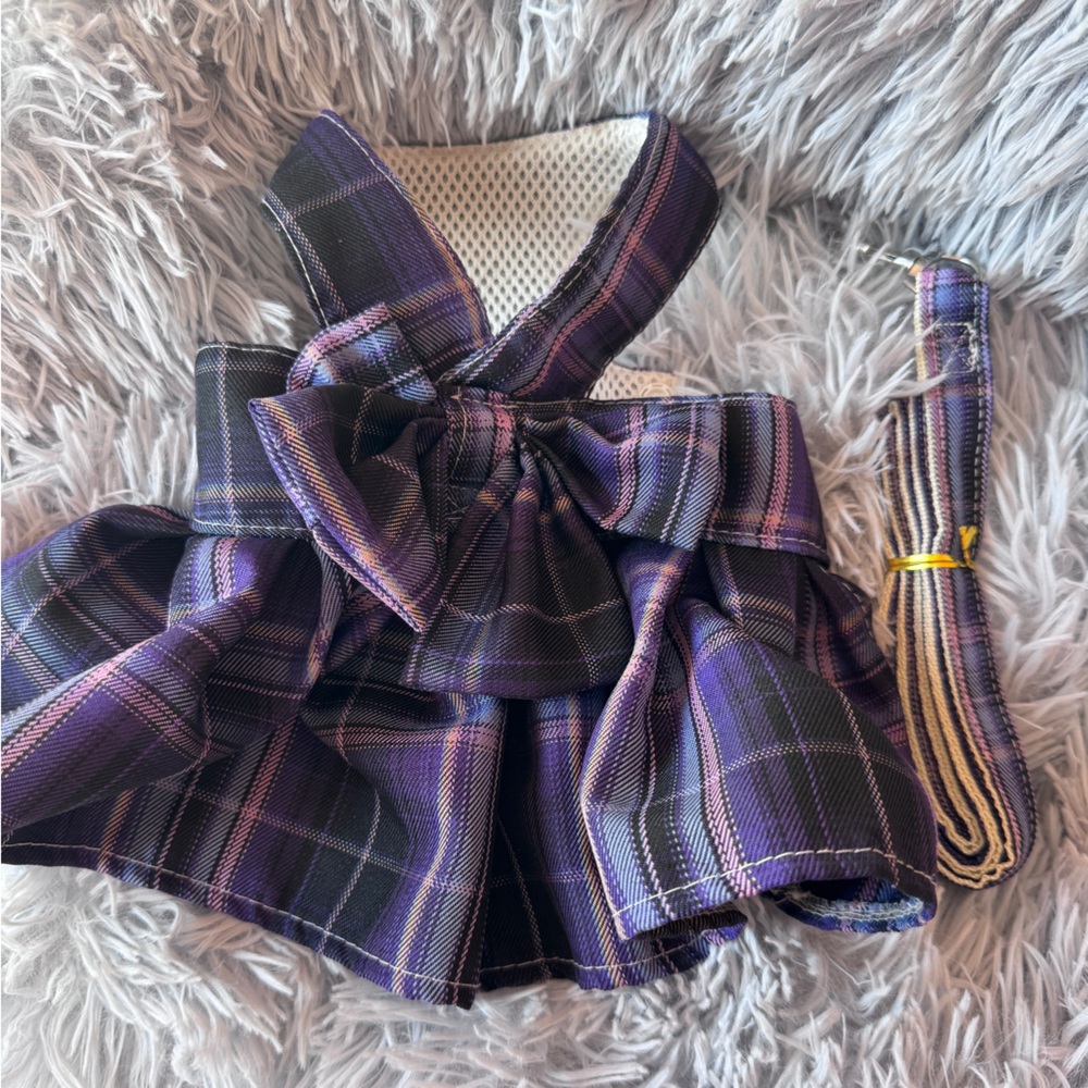 Purple Plaid Dress Harness with Bow and a Leash